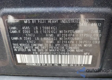 2012 Subaru Outback 2.5I Premium from USA, damaged, VIN 4S4BRCCC6C3249648